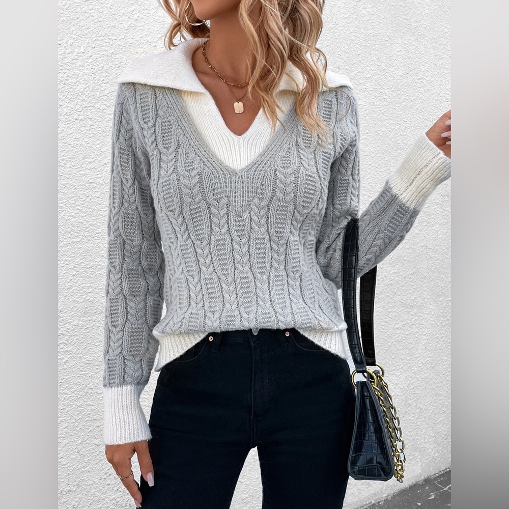 NWT SHEIN Contrast Trim Cable Knit Sweater Knit Pullover Fall Winter Sweater